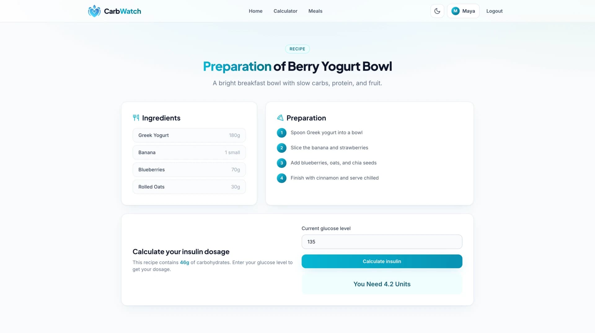 CarbWatch Dosering per recept screenshot