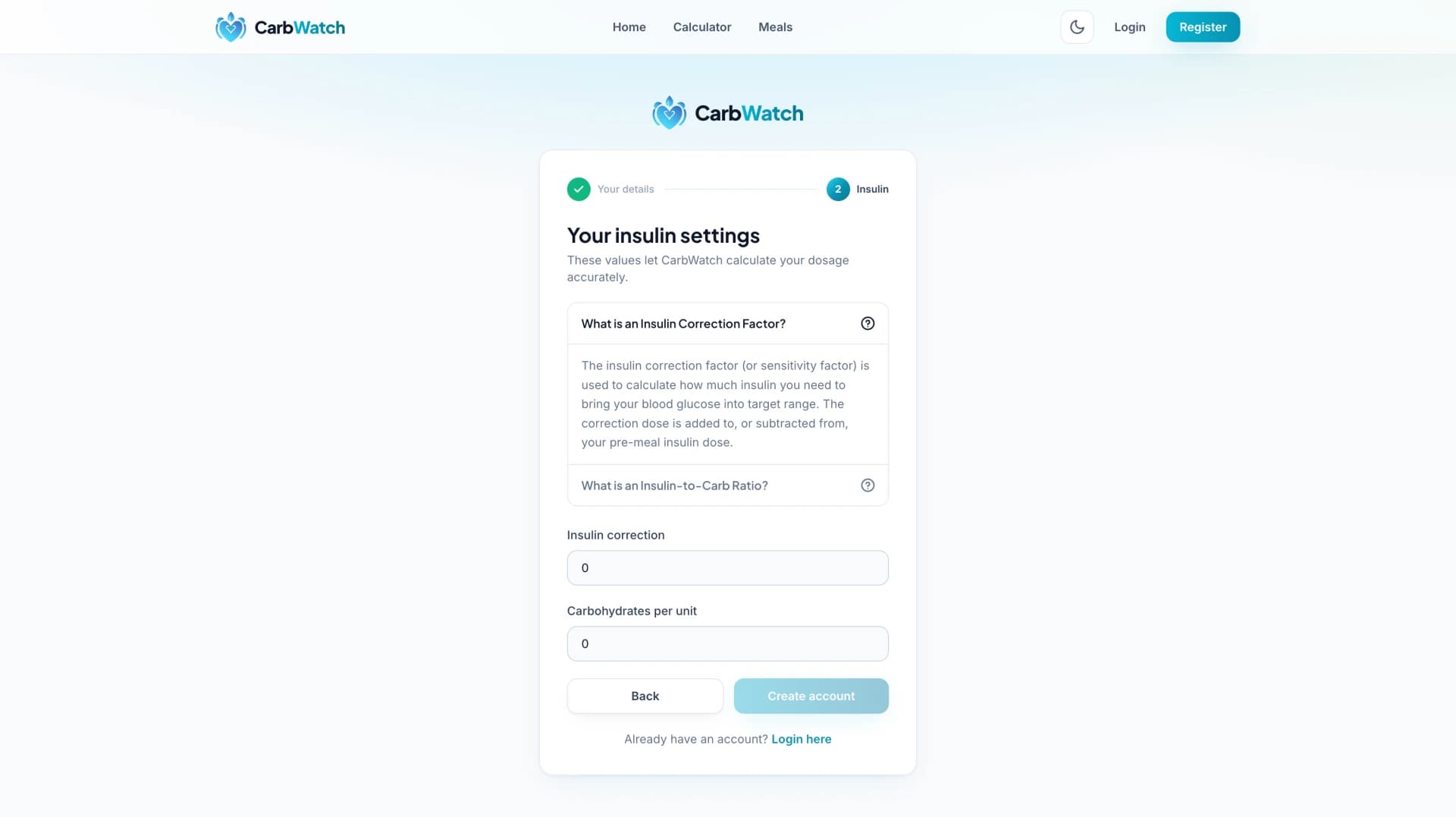 CarbWatch Registratie-instellingen screenshot