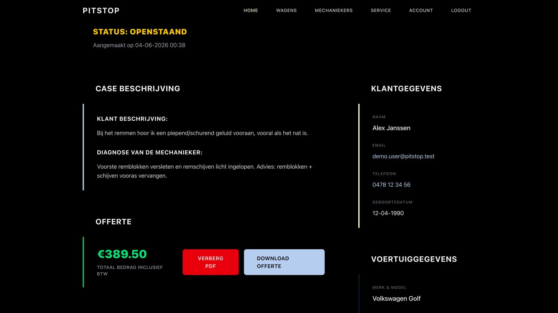 Pitstop Case- en offertedetail screenshot