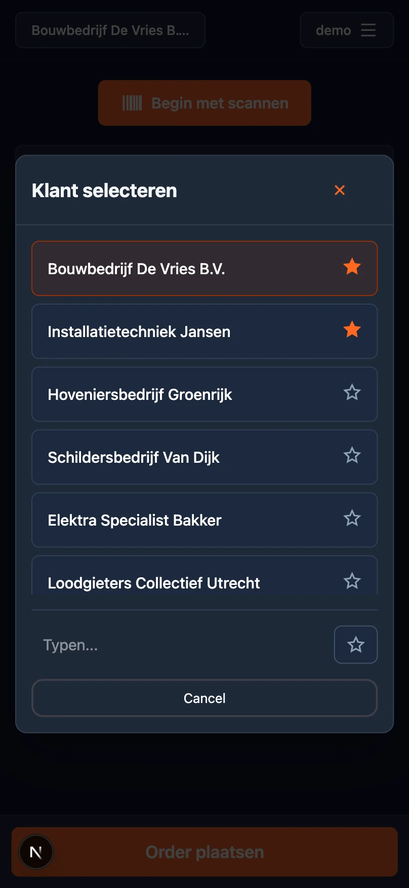 Scanapp Klantselectie screenshot