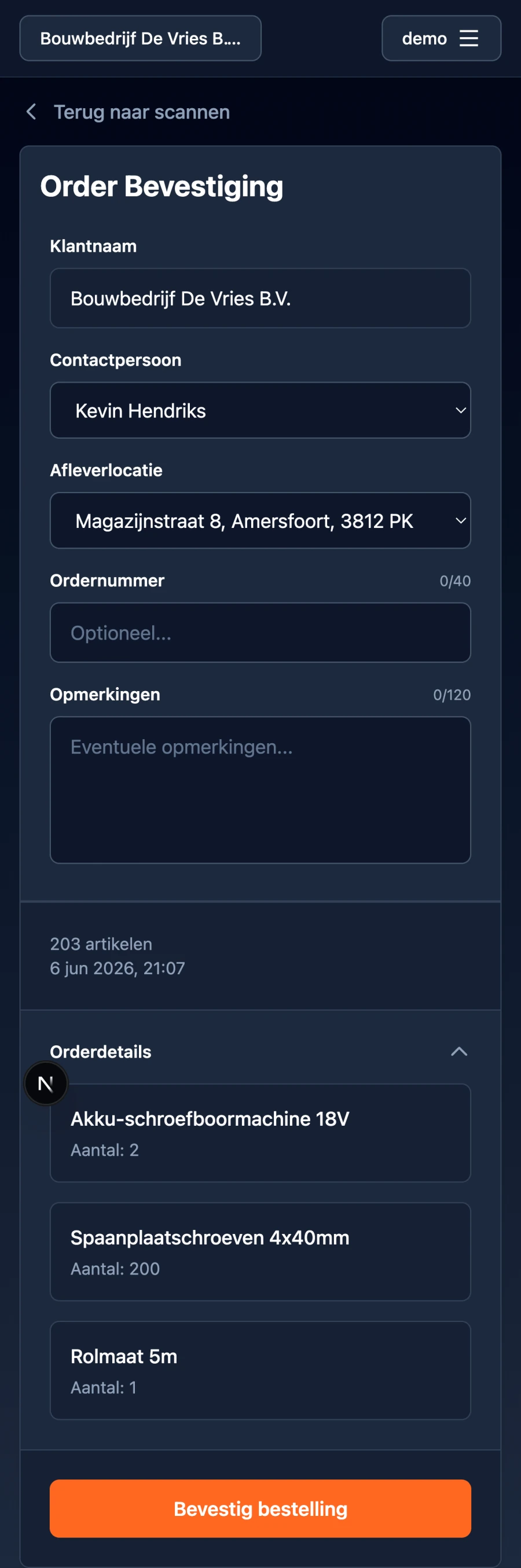 Scanapp Orderbevestiging screenshot